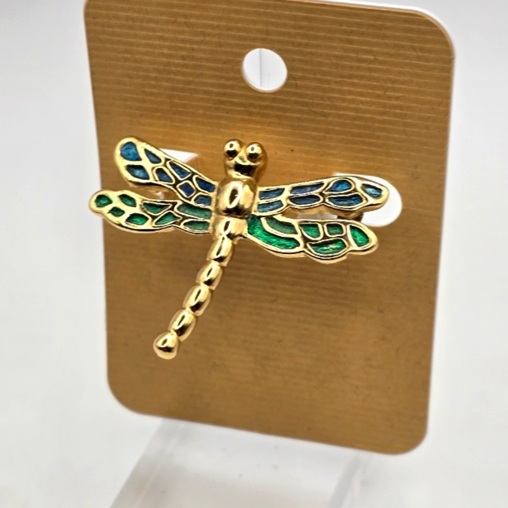 Vintage Roman Dragonfly Pin Brooch Gold Tone Blue Green Enamel